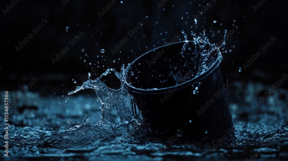 Water splashing in dark bucket. Water splashing in dark bucket.