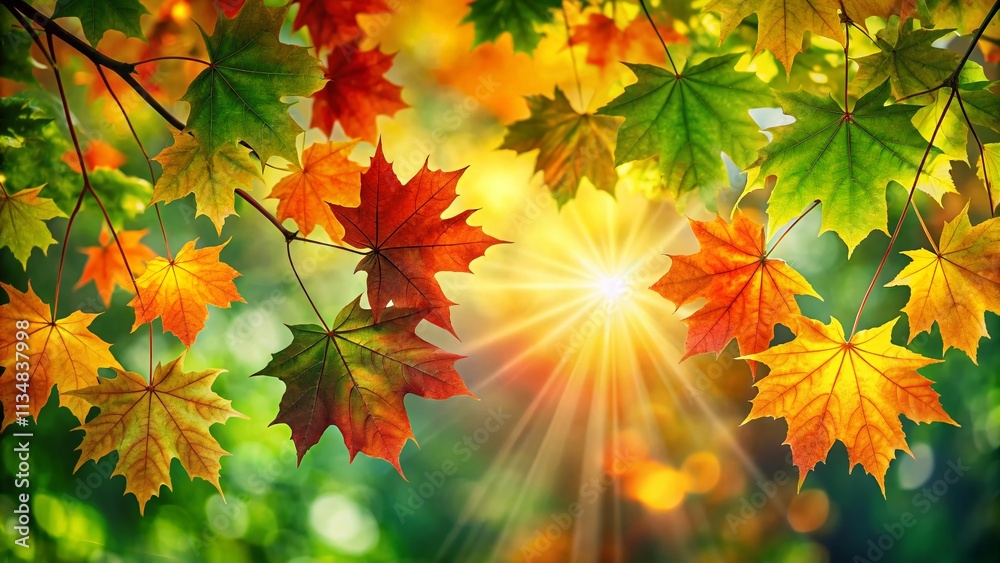 Closeup of Vibrant Maple Leaves with Green Tree Foliage Illuminated by Summer Sun Rays in a Serene Natural Setting for a Tranquil Background Closeup of Vibrant Maple Leaves with Green Tree Foliage Illuminated by Summer Sun Rays in a Serene Natural Setting for a Tranquil Background