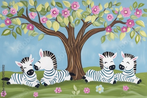 A whimsical illustration of zebras relaxing under a tree adorned with flowers. photo