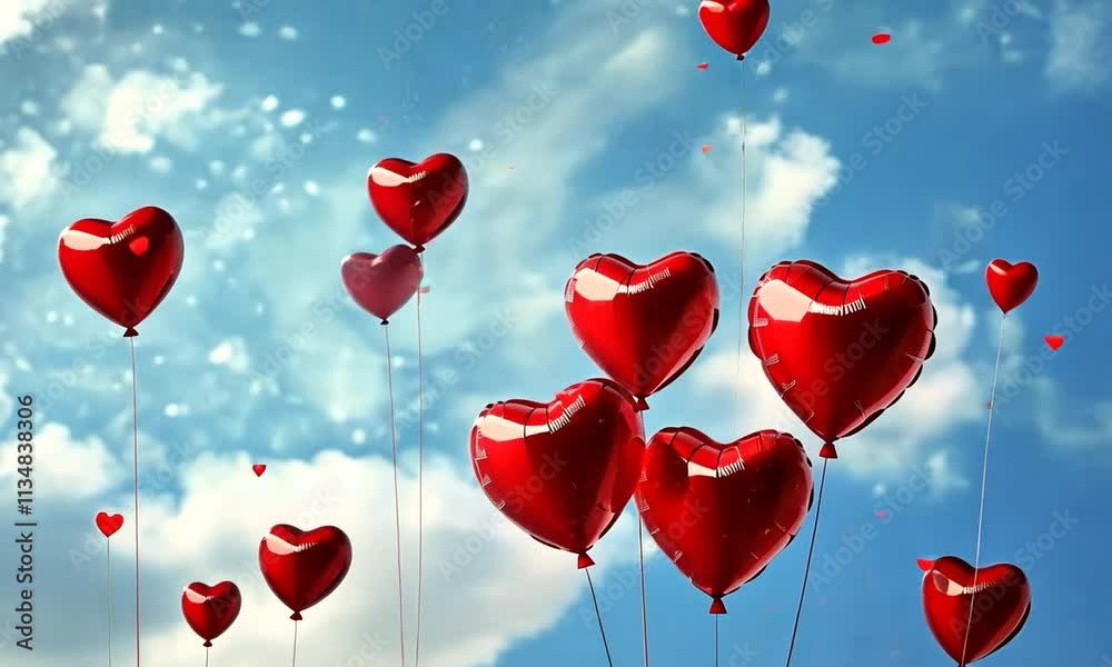 Valentine's Day red celebration heart shaped balloons isolated blue sky background. Celebration video background.