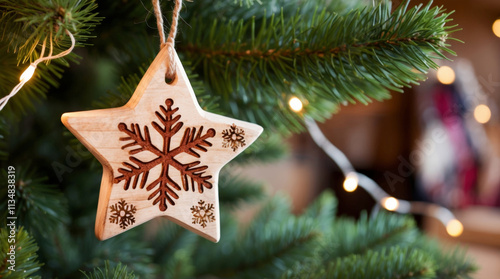 Rustic Charm - A Handcrafted Wooden Snowflake Star Ornament Adorns a Festive Christmas Tree