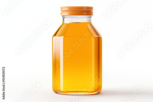 Close-up of high-quality thick honey in a small glass jar, with golden honey dripping from a spoon onto the surface, displayed on a clean white background for a natural and appetizing presentation