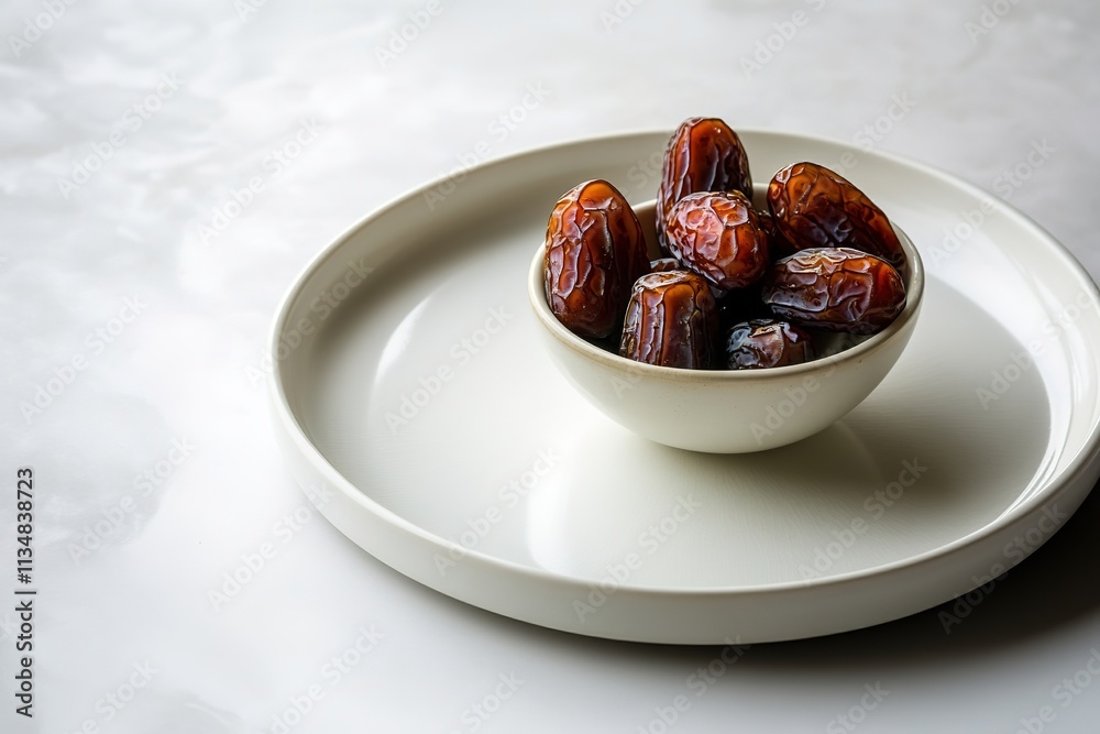 single bowl of fresh dates arranged neatly on clean white ceramic plate under soft directional light single bowl of fresh dates arranged neatly on clean white ceramic plate under soft directional light