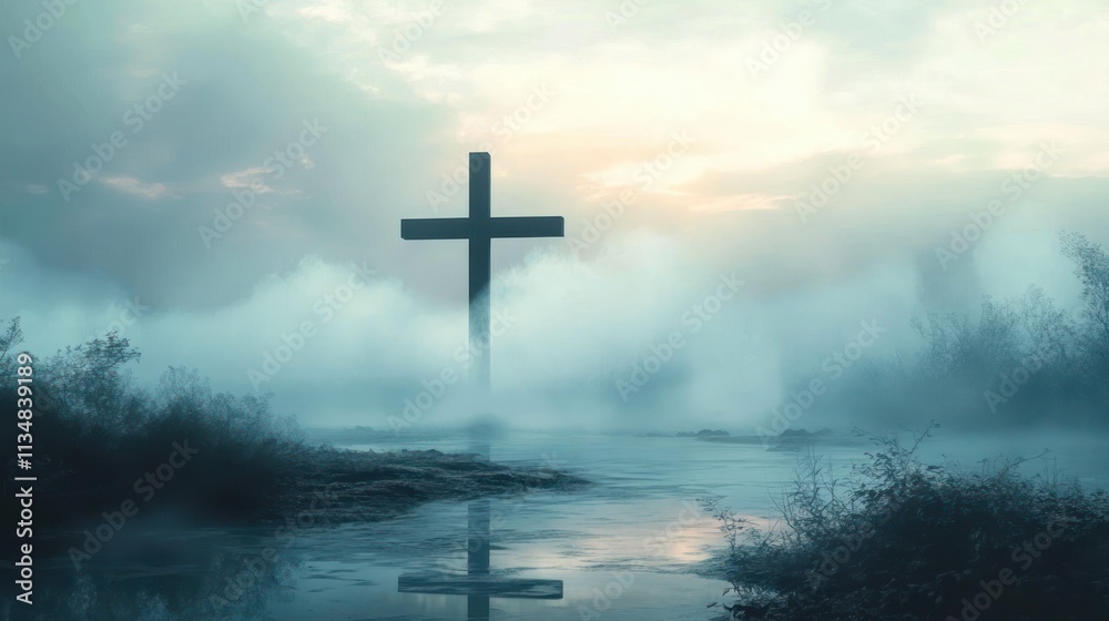 Obraz premium Misty Serenity with a Silhouette of a Cross symbolizing Faith and Hope in the Divine Landscape
