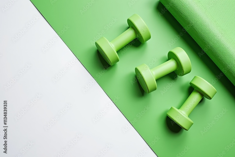 Green Dumbbells on Yoga Mat for Fitness Enthusiasts - Perfect for Home Workouts and Exercise Routines Green Dumbbells on Yoga Mat for Fitness Enthusiasts - Perfect for Home Workouts and Exercise Routines