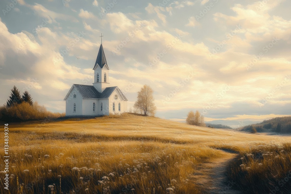 Fototapeta premium Serene church on a grassy hill in Iceland during golden hour light with fluffy clouds