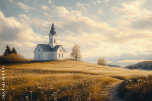 Serene church on a grassy hill in Iceland during golden hour light with fluffy clouds