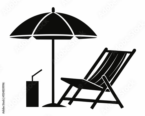 Beach chair silhouette vector, Beach umbrella and chair icon vector