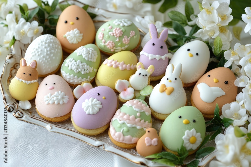 A tray of Easter - themed cookies shaped like eggs, bunnies, and chicks A tray of Easter - themed cookies shaped like eggs, bunnies, and chicks