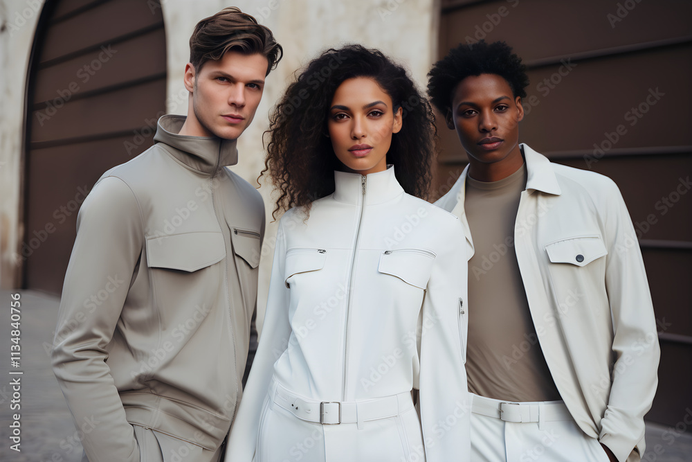Diverse Group of Models in Contemporary Clothing Gracing a Vibrant Urban Ad Campaign Diverse Group of Models in Contemporary Clothing Gracing a Vibrant Urban Ad Campaign