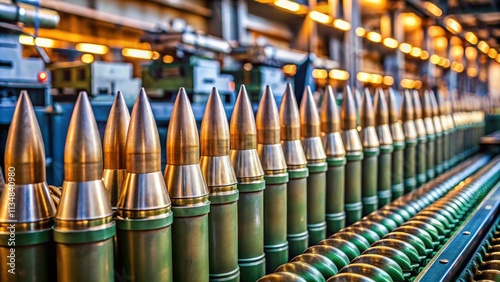 Close-up View of 155mm Artillery Shells on Factory Assembly Line with Industrial Machinery Showcasing the Manufacturing Process in a High Depth of Field Setting photo