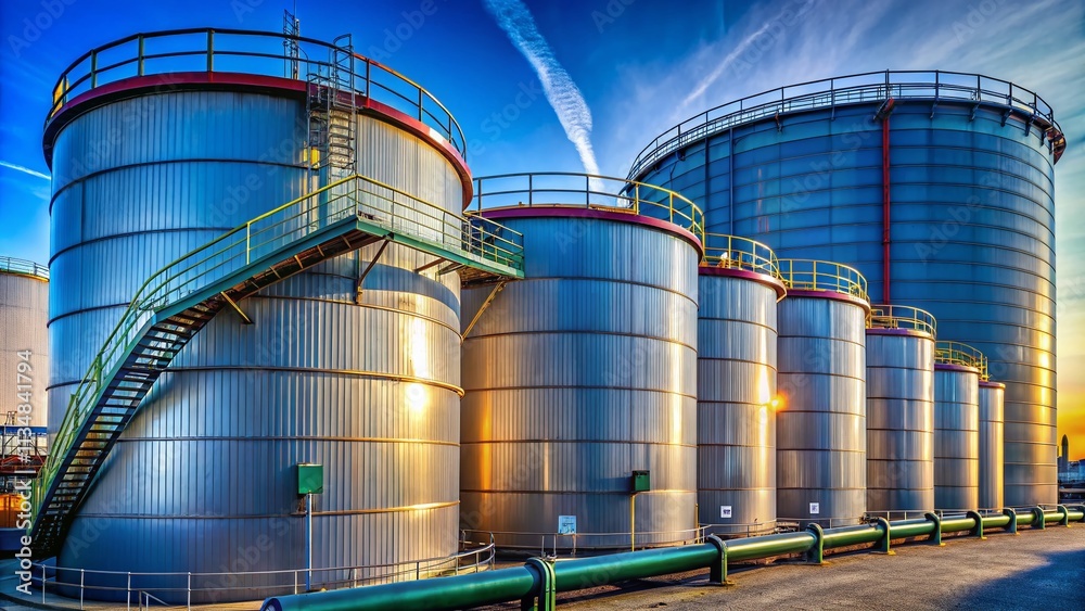 Fototapeta premium Close-Up View of Large Industrial Oil Storage Tanks Against a Clear Blue Sky Highlighting Modern Infrastructure and Energy Storage Solutions in an Urban Environment