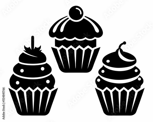 Set of black cupcakes icon, Collection of cupcake silhouette vector