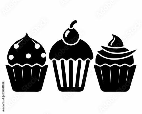 Set of black cupcakes icon, Collection of cupcake silhouette vector