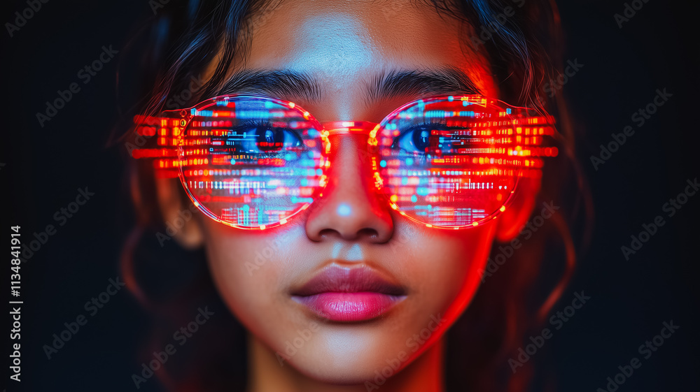 A woman wearing a pair of red glasses with a black background A woman wearing a pair of red glasses with a black background