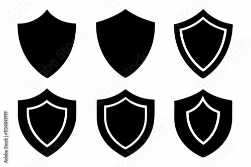 Shield icon set in vintage style. Protect shield security icon set. Shield badge quality symbol