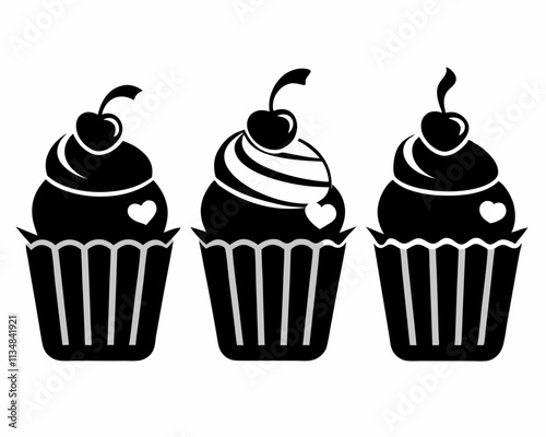 Set of black cupcakes icon, Collection of cupcake silhouette vector