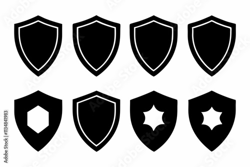 Shield icon set in vintage style. Protect shield security icon set. Shield badge quality symbol