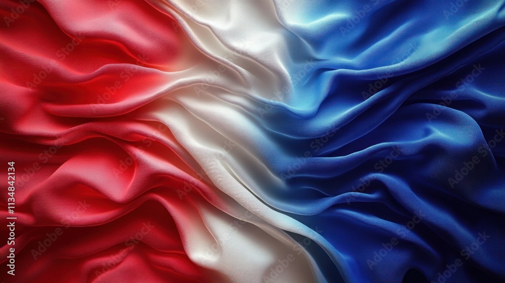 Obraz premium Wavy Silk Fabric Background in French Flag Colors with Elegant Movement and Soft Lighting