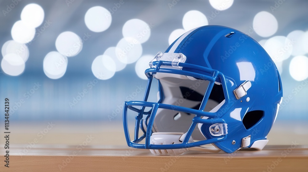 Shiny blue football helmet sitting on wooden bench with blurred stadium lights in background, evoking anticipation for game day Shiny blue football helmet sitting on wooden bench with blurred stadium lights in background, evoking anticipation for game day