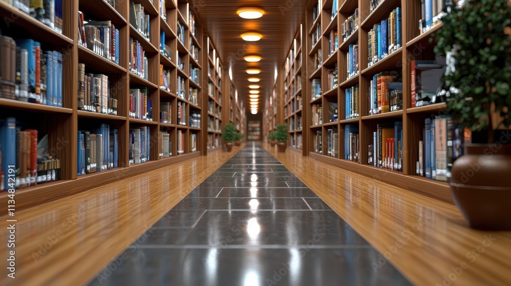 Serene Library Aisle with Tall Bookshelves and Soft Lighting in Modern Interior Serene Library Aisle with Tall Bookshelves and Soft Lighting in Modern Interior