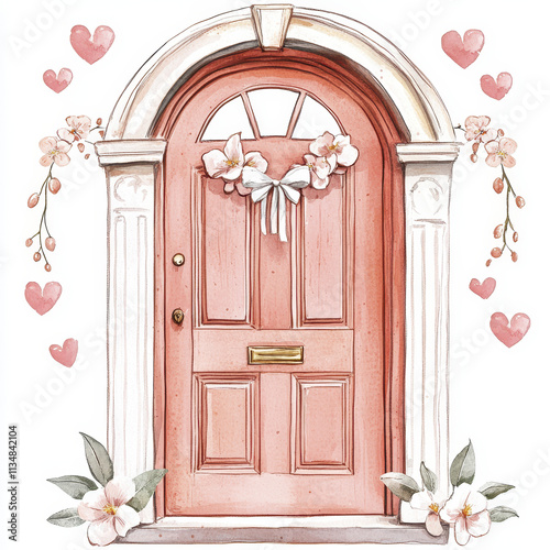 charming pink door adorned with flowers and hearts, evoking warmth and love. Perfect for home decor or greeting cards