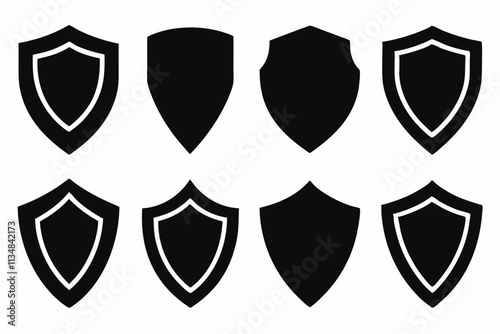 Shield icon set in vintage style. Protect shield security icon set. Shield badge quality symbol