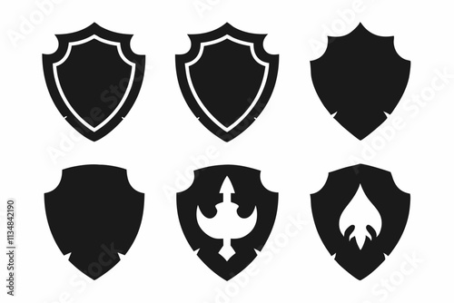 Shield icon set in vintage style. Protect shield security icon set. Shield badge quality symbol