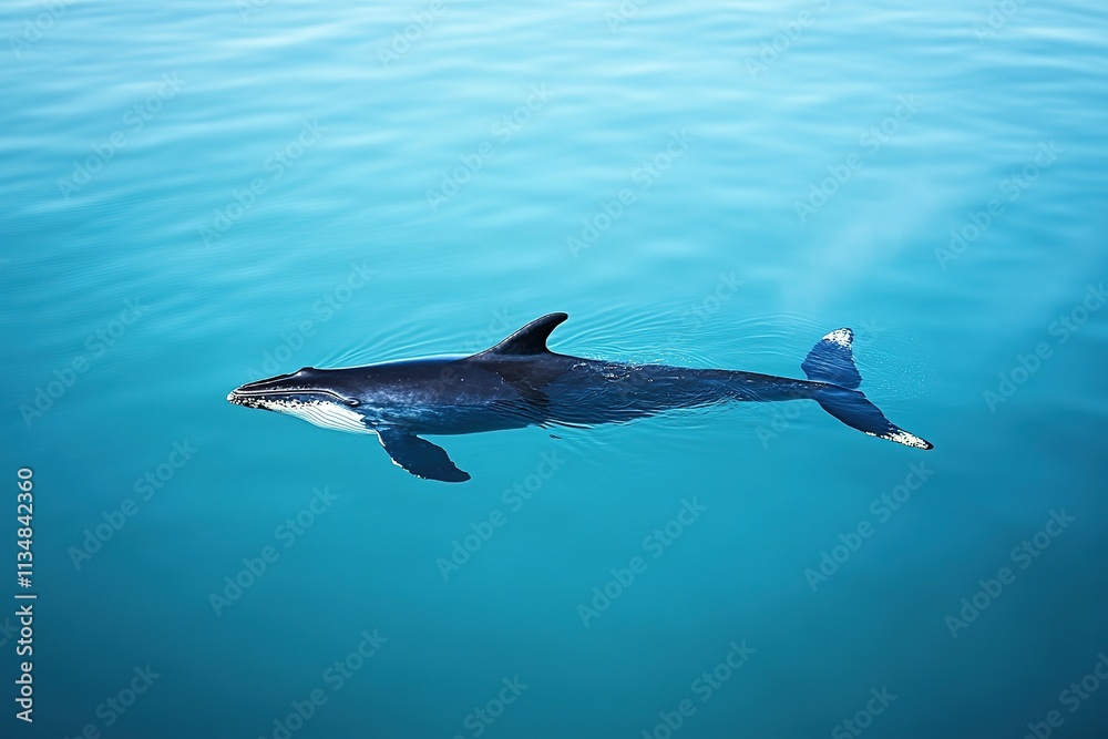 Fototapeta premium solitary endangered whale swimming in deep blue ocean whale is captured in clear focus while background gently fades