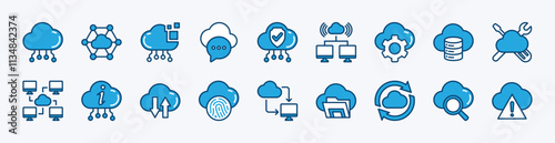 Set of cloud computing icons. Containing digital technology, connection, communication, cyber security, server, data, network, settings, information, access, upload, download, searching, backup, sync