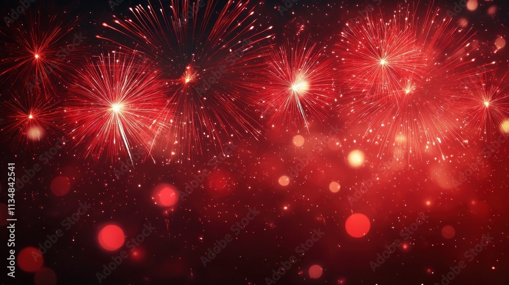 Fototapeta premium Red Fireworks Display Abstract Background for New Year Celebration with Bokeh Effects
