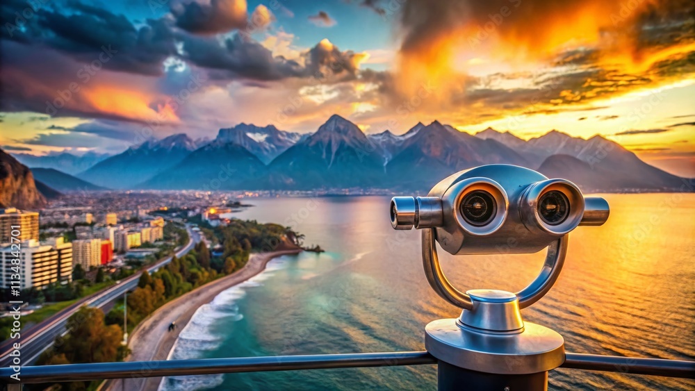 Obraz premium Coin Operated Binoculars on an Observation Deck in Antalya at Sunset, Overlooking the Mountains and Seashore with Blurry Background Views of the City and Beach in Winter