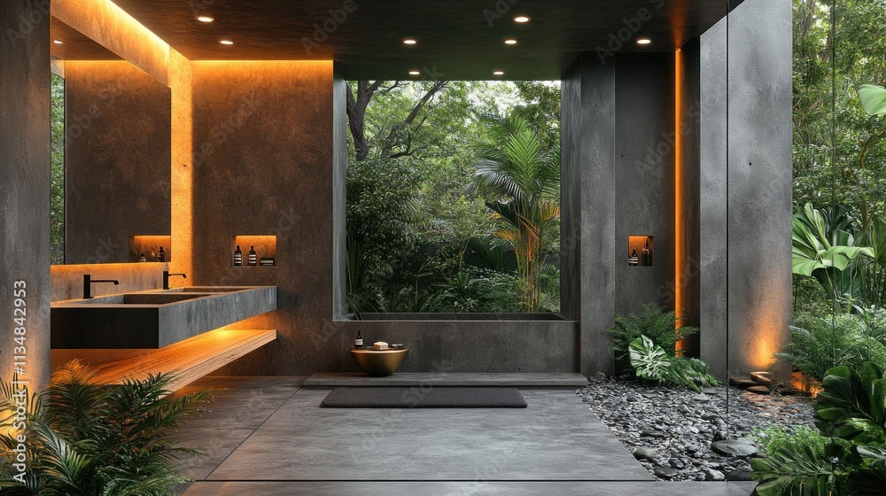 Naklejka premium A modern, serene bathroom with natural elements and lush greenery visible through large windows.