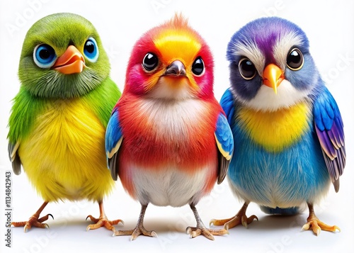 Collection of Adorable Colorful Birds in Various Poses on a White Background, Perfect for Nature Lovers and Illustrative Art Projects, Showcasing Their Unique Features and Charm