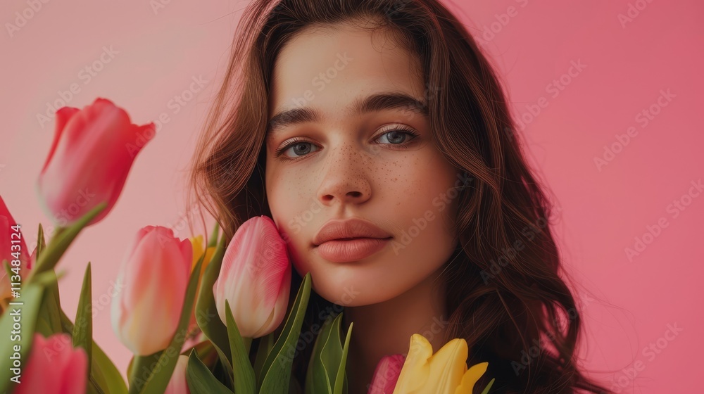a beautiful woman with bunch of tulips on a pink background a beautiful woman with bunch of tulips on a pink background