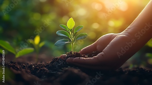 Hand holding a small plant sprout growing in soil