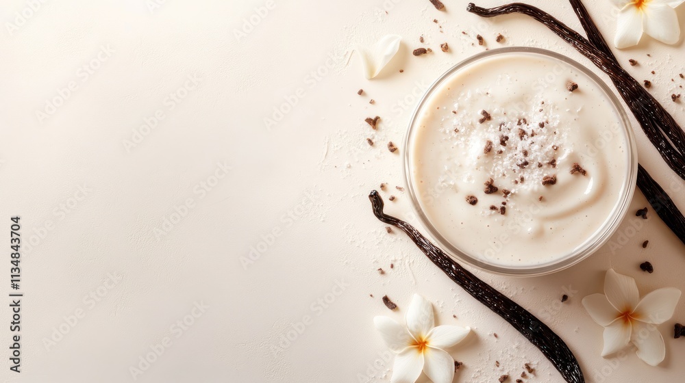 Creamy vanilla dessert in glass bowl with vanilla beans and chocolate. Creamy vanilla dessert in glass bowl with vanilla beans and chocolate.