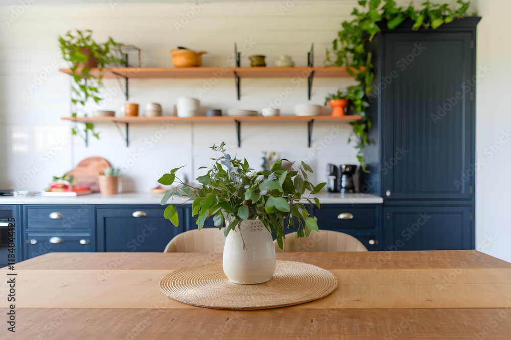 Fototapeta premium Kitchen with wooden table, blue cabinets, greenery, modern countertop, and soft lighting ambiance