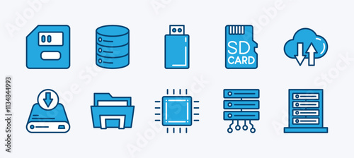 Set of storage technology icon. Containing memory card, big data server, flash disk, cloud computing, chips, hard disk drive, database folder. Vector illustration