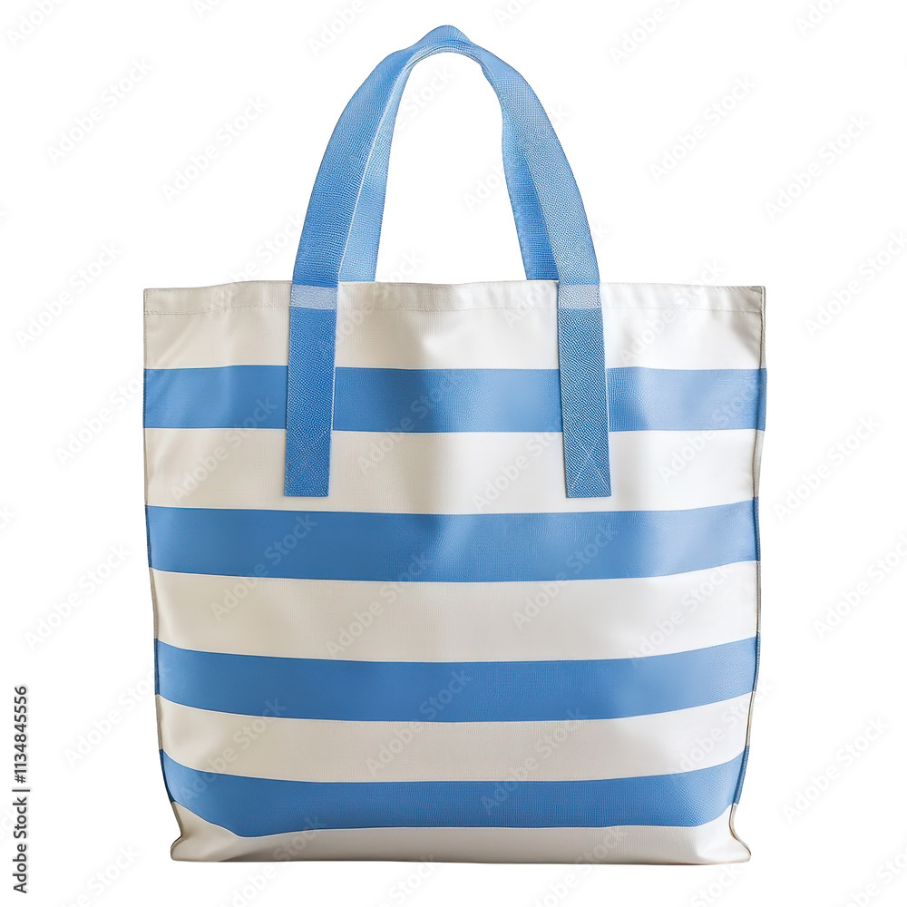 Fototapeta premium Blue and White Striped Tote Bag with Handles, on transparent background , png