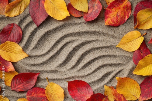 Autumn tranquility oasis: a blend of lively red and gold leaves envelop the groomed sandy ground photo