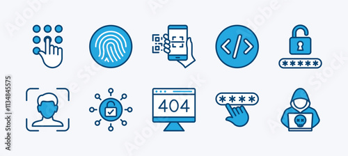 Set of secret code access icon. Contains fingerprint, scan barcode or QR scanner, pattern, coding, cyber security pin technology, password, face lock or ID, padlock, error, hacker. Vector illustration