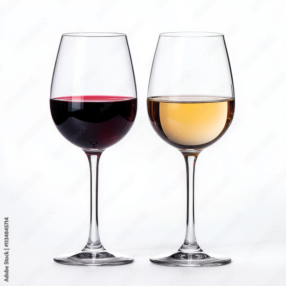 Elegant wine glasses filled with red and white wine, showcasing contrast between rich color of red wine and light hue of white wine. Perfect for sophisticated gathering Elegant wine glasses filled with red and white wine, showcasing contrast between rich color of red wine and light hue of white wine. Perfect for sophisticated gathering
