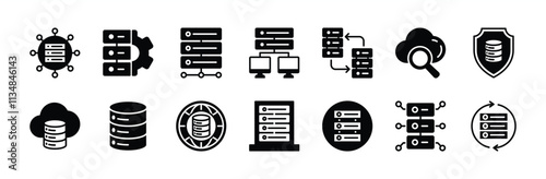 Web hosting server icon vector set. Containing connection, center, big data technology, database, cloud computing, global network, research, management, backup, cyber security