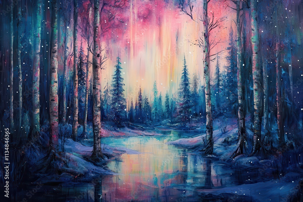 Uncover the charm of a mystical winter forest illuminated by twilight and the dancing auroras Uncover the charm of a mystical winter forest illuminated by twilight and the dancing auroras