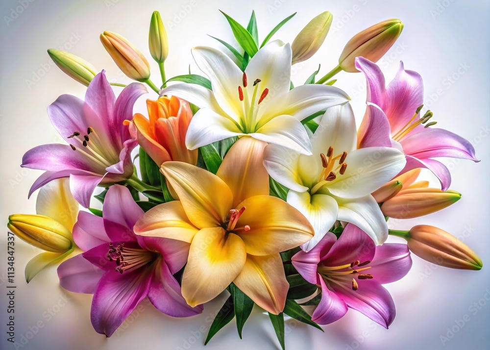 Fototapeta premium Colorful Lilies in Bloom for Elegant Wedding Invitations and Greeting Cards with a Soft, Low Light Photography Effect on a White Background