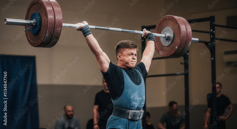 Young male athlete lifting heavy weights in a competitive weightlifting event Young male athlete lifting heavy weights in a competitive weightlifting event
