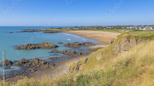 A rugged coastal panorama showing the contrast between dark rocky cliffs and the vibrant, clear blue sea.