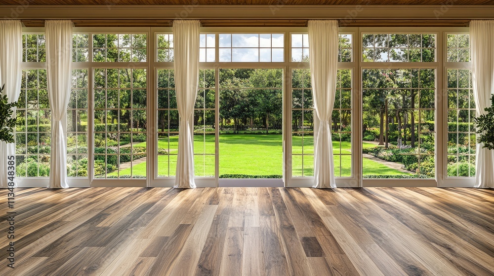 A serene empty room with polished wooden floors and oversized windows framed by elegant white curtains. A serene empty room with polished wooden floors and oversized windows framed by elegant white curtains.