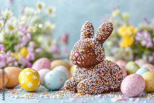 Delightful Easter Chocolate Bunny with Colorful Sprinkles and Pastel Eggs photo